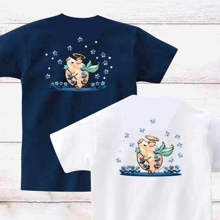Tシャツ 「天使の子豚」 こぶた 子豚 天使 かわいい ネイビー ホワイト1枚目の画像