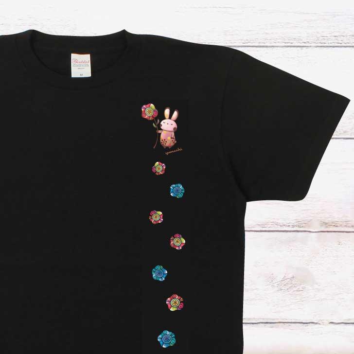 Tシャツ うさぎ デザイン 「うさぎのお花」 黒 兎 ウサギ  tシャツ ｔしゃつ ブラック かわいい
